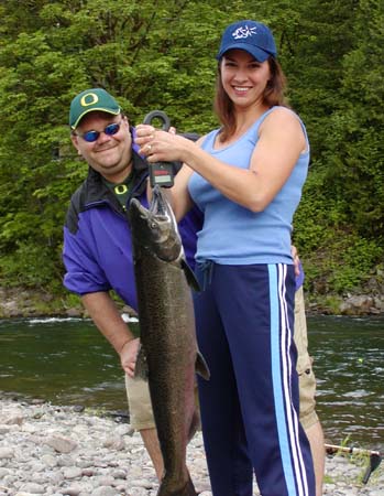 Eirc and Katie with a Dandy McKenzie River Salmon. Late May is the beginning of this Run.